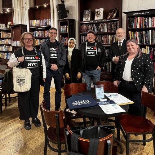 NYC BID Day 2024 at Housing Works Bookstore Cafe. Executive Director Erin Piscopink with visitors