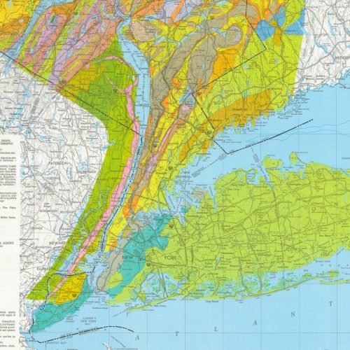 Geologic map of southern NYS including Manhattan. Different rock types are shown using different colors