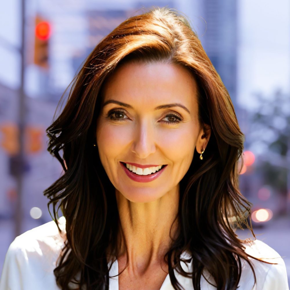 A smiling woman with medium length brown hair and a white shirt.