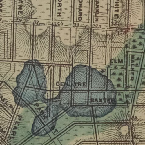 An old map shows the extent of Collect Pond in blue over the streets in Chinatown and SoHo