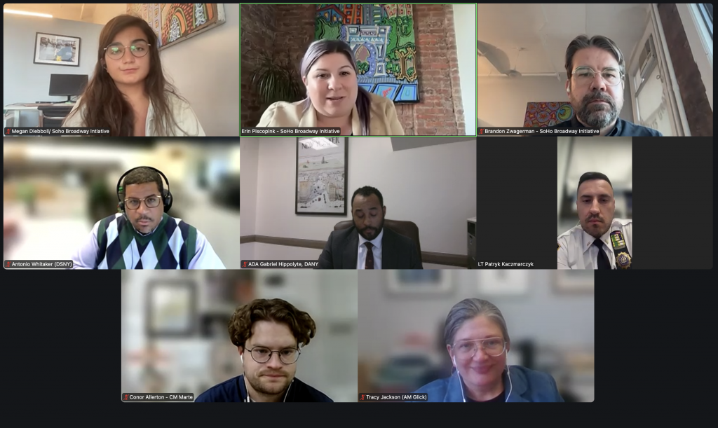 Zoom screen image of speakers at 10.23.25 SoHo Broadway Street Vending Roundtable