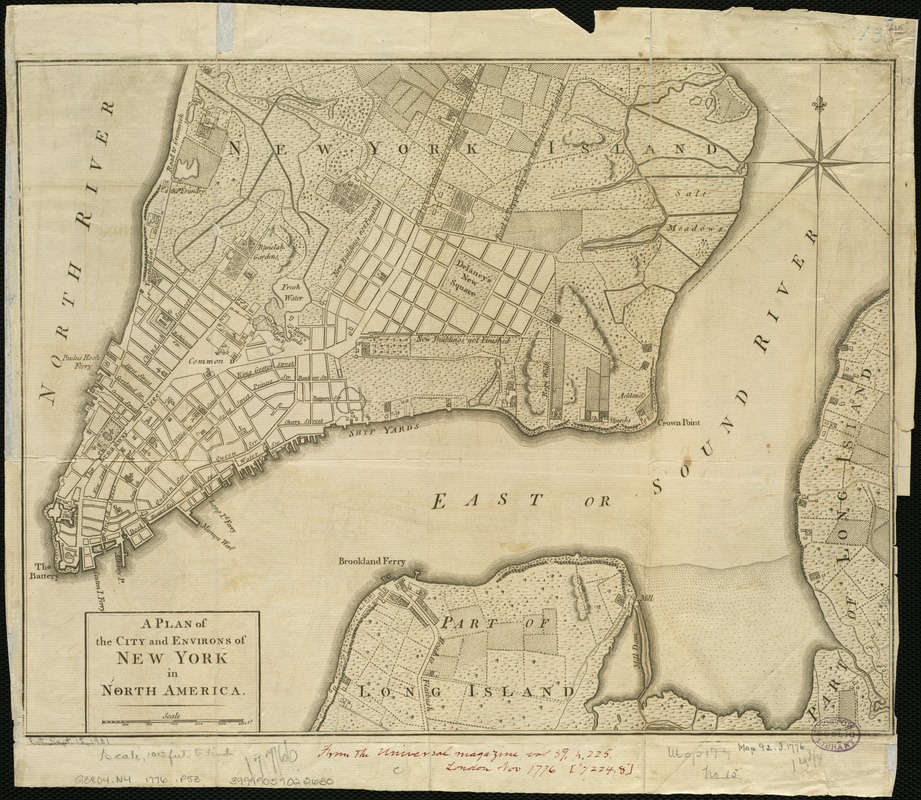 An old map showing the tip of Manhattan, but only south of Canal St is has roads. Most of the island is farmland. A plan for a "Delaney's New Square" is labeled.
