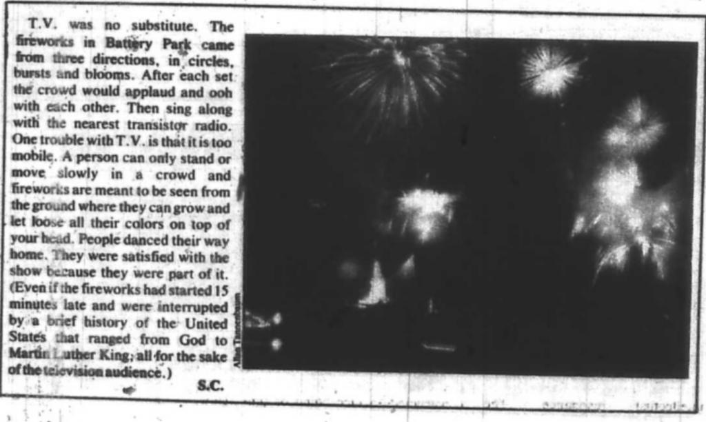 A blurry black and white image of fireworks accompanied by a glowing review of the spectacle clipped from the SoHo Weekly News