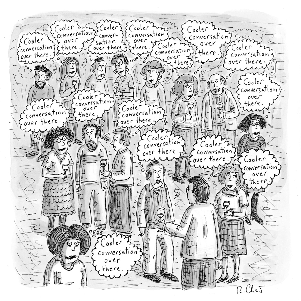 Roz Chast, Cooler Conversation, n.d. Pen and ink with wash, 10 x 9 inches. Courtesy of the artist